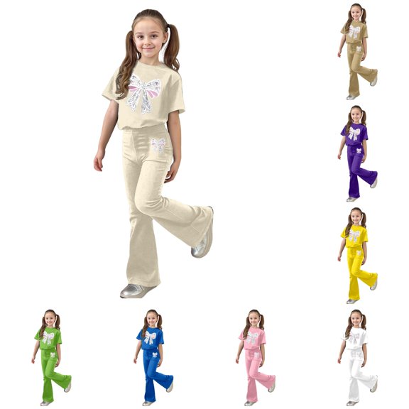 XAOFW Girls Outfits Short Sleeve Bow Graphic Tees Flared Pants Kids Girls Summer Autumn Cute Clothes Sets 9-10 Years