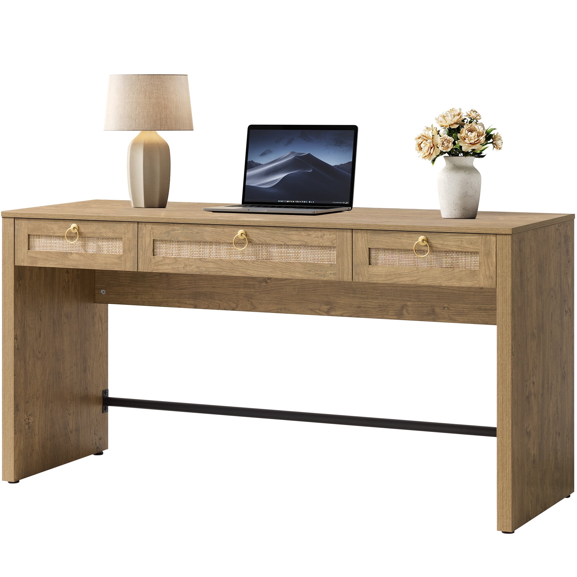 SICOTAS 59.05" W Home Office Computer Desk with Ample Storage，Boho Writing Desk with 3 Spacious Drawers & Unique Rattan Decor, Farmhouse Coastal Classic Style, Cherry Oak,