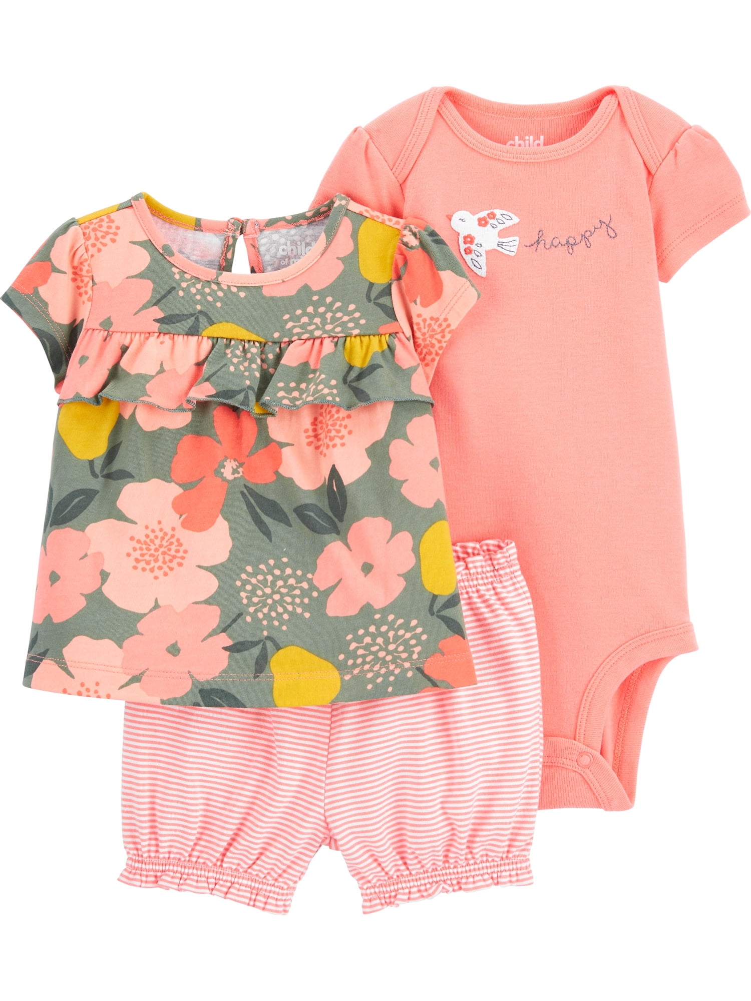 Infant Girls Baby Outfit Orange & White Toucan Bird Shirt & Ruffled Skirt Set 