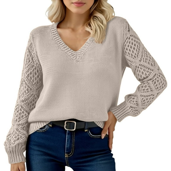 HNMKIU Soft Classic Knit Pullover Plus Size Sweaters for Women Casual Long Sleeve Crewneck V Neck Everyday Comfortable for Women a-Beige,XXL