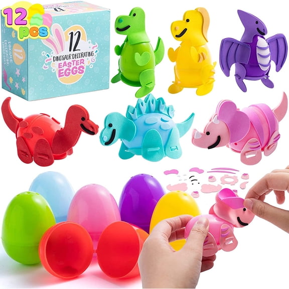 JOYIN 12 Sets Easter Dinosaur Deformation Eggs Toys 6 Different Dinosaur Filled Craft Kits with Colorful Easter Eggs