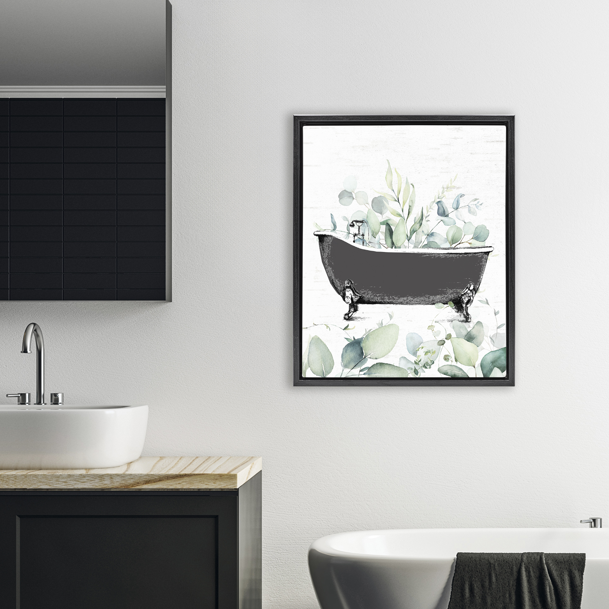 Eucalyptus Leaves Bathtub Black Framed Floater Canvas Wall Art, design by Lettered and Lined