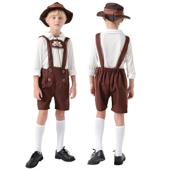 Ruyang Boys Oktoberfest Outfit Bavarian Uniform Lederhosen Shorts Long Sleeve Shirt and Hat Traditional German Dress Up Clothes