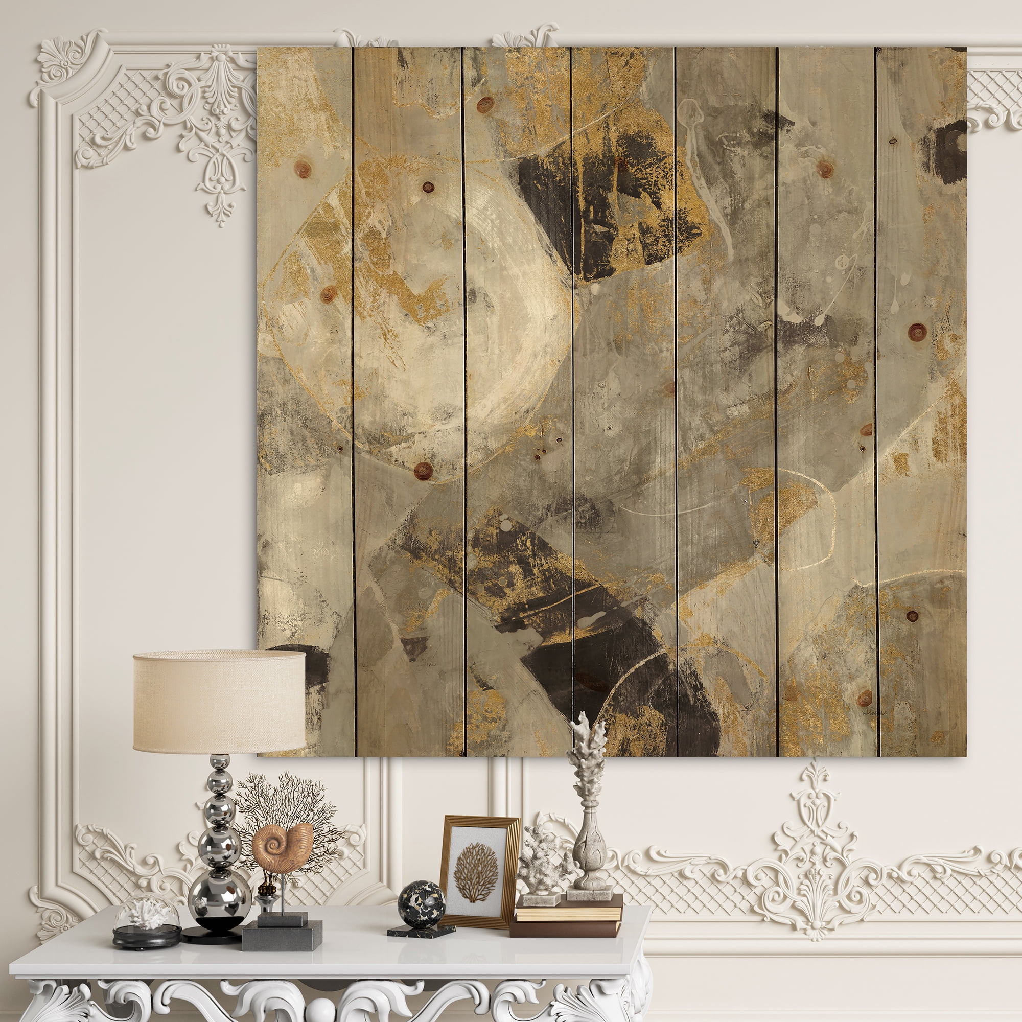 Designart 'Abstract Glam Gold Desert Neutral' Modern & Contemporary Print on Natural Pine Wood