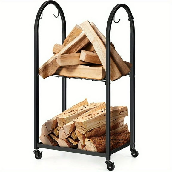 Black Indoor Firewood Rack, 2 Tier Firewood Rack with 4 Hooks, Removable Firewood Rack with Rollers, Rust Resistant, For Indoor Fireplaces, Wood Stoves, Mantels, Fire Pits or Outdoor Decks.