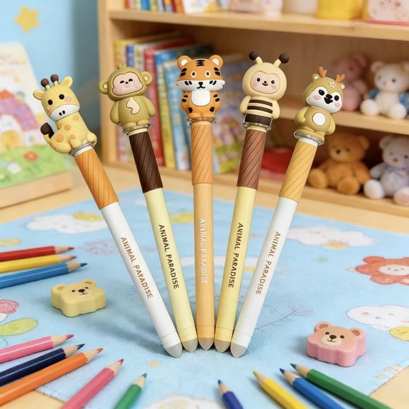 sruoe Gel Pens, 5 Pack Cute Animal Topper Erasable Pens, Novelty Pens, Jungle Themed Pens, Kawaii Cartoon Writing Pens with Eraser Head for Daily Office Home Stationery Use