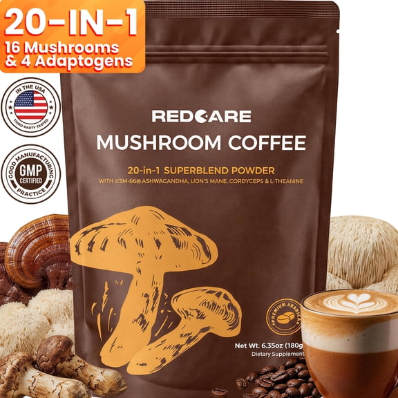 Mushroom Coffee w/ Adaptogenic Mushrooms, Lion's Mane, Cordyceps, Turkey Tail,Reishi, Ashwagandha, L-Theanine,Green Tea, Instant Coffee Powder for Focus, Digestion & Immunity, Fruiting Body, 6.35oz