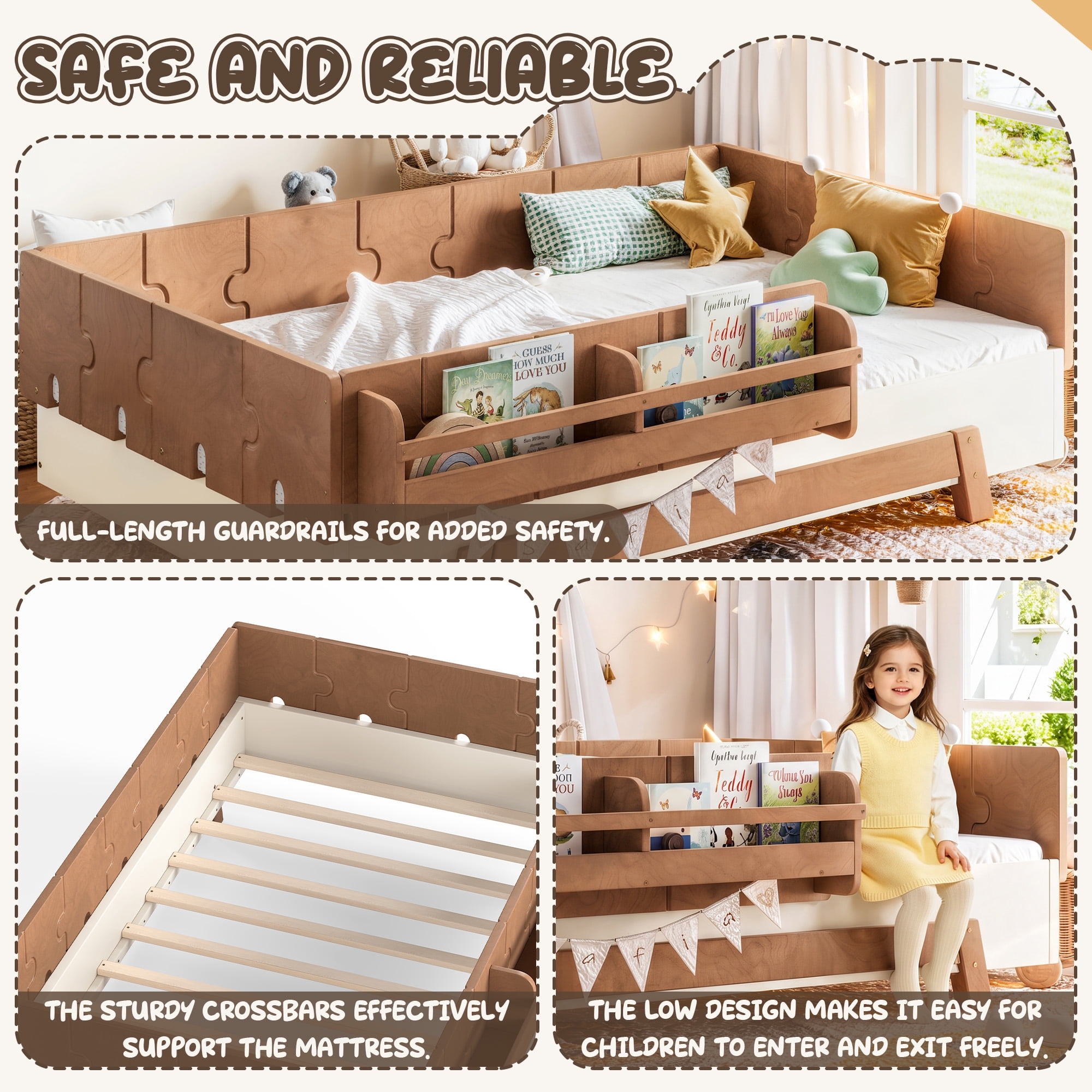 Mintazer Twin Size Montessori Floor Bed Frame, Kids Puzzle Block Design Platform Bed with Guardrails & Bookshelf for Bedroom, Brown & Beige