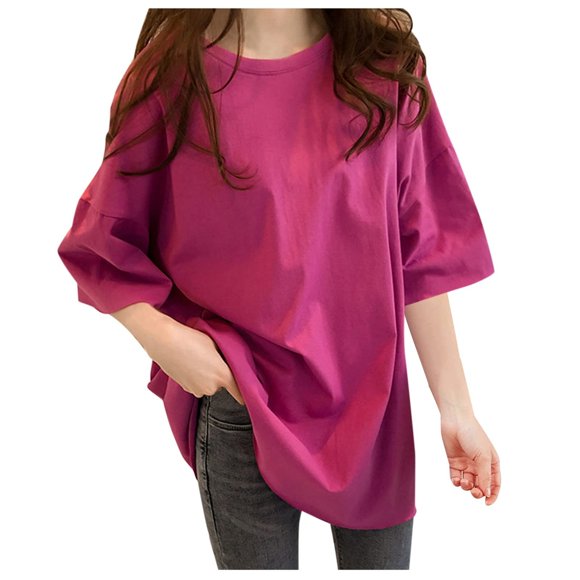 Baberdicy T-Shirt en Coton Surdimensionné pour Femme – T-Shirt à Col Rond Coupe Ample pour Tenue Décontractée, Haut d'Été Doux et Respirant, Essentiel de Garde-Robe de Base Style Rue Unisexe (Rose Vif / TG)