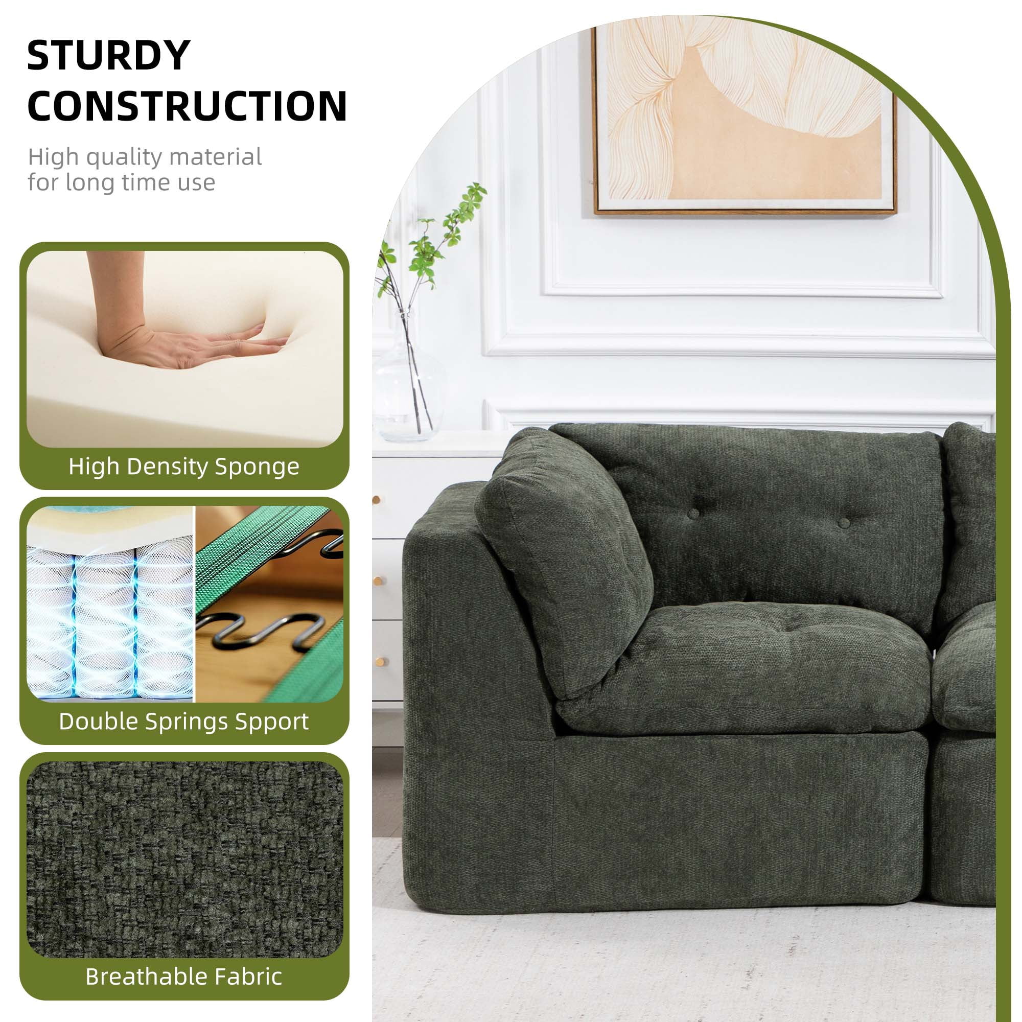 106.29" Sectional Sofa, 3 Seater Modular Sectional Floor Sofa with Ottoman, Chenille Cloud Couch for Living Room, Deep Seat Sofa, Green