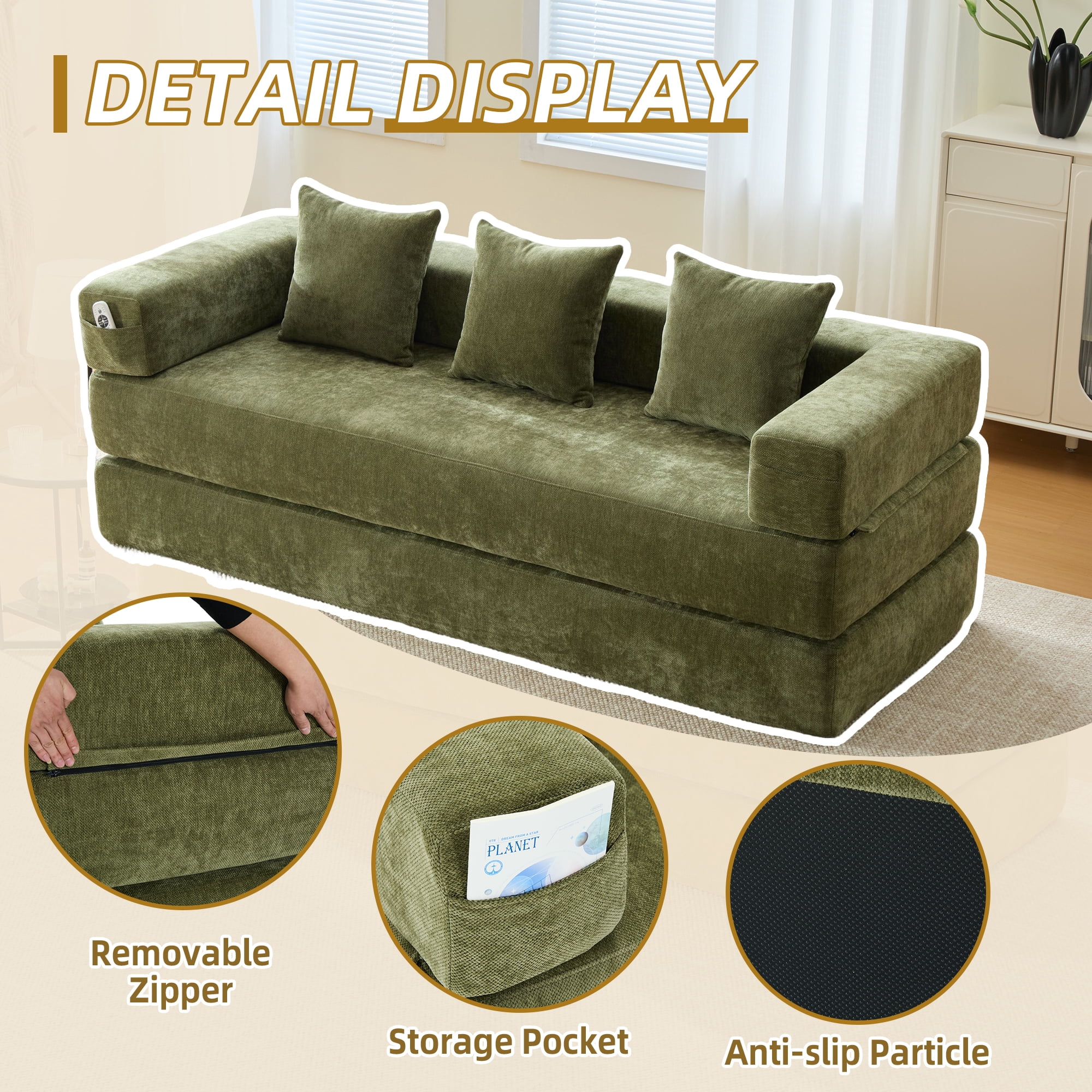 MOONMISS Chenille Upholstered Convertible Foldable Memory Foam Sleeper Sofa with Pillows for Living Room-Green