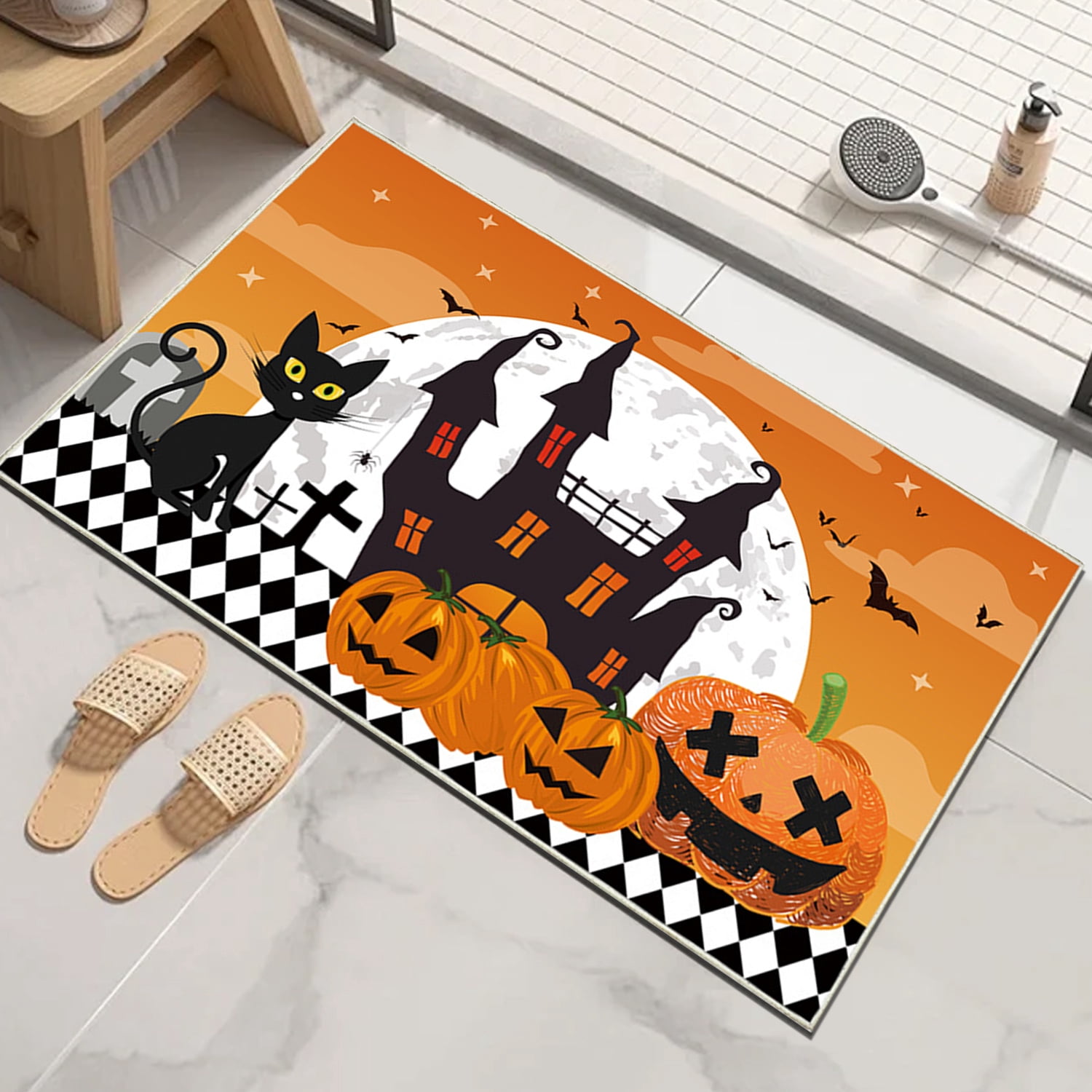 Halloween Doormat Pumpkin Pattern Floor Mat Black Cat 16*24 Non Slip Seasonal Halloween Kitchen Rug, Machine Washable Indoor Rug for the Floor Orange