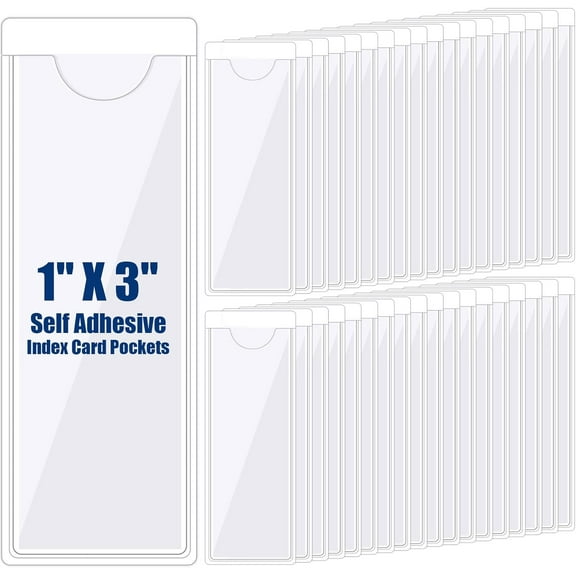 200 Pack Self Adhesive Index Card Pockets with Top Open for Loading, Clear Plastic Labels Holders for Organizing and Protecting Index Cards or Photos Classroom Office Labeling(1.2 x 3.35 Inch)