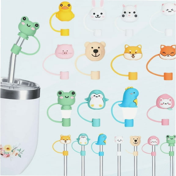 12 Pcs Animals Silicone Straw Covers Cap Reusable Straw Tip Covers Straw Topper Drinking Straw Cover Cute Straws Plugs for 6-8 mm Straws, Birthday Party Decoration Gifts, 12 Animal Designs