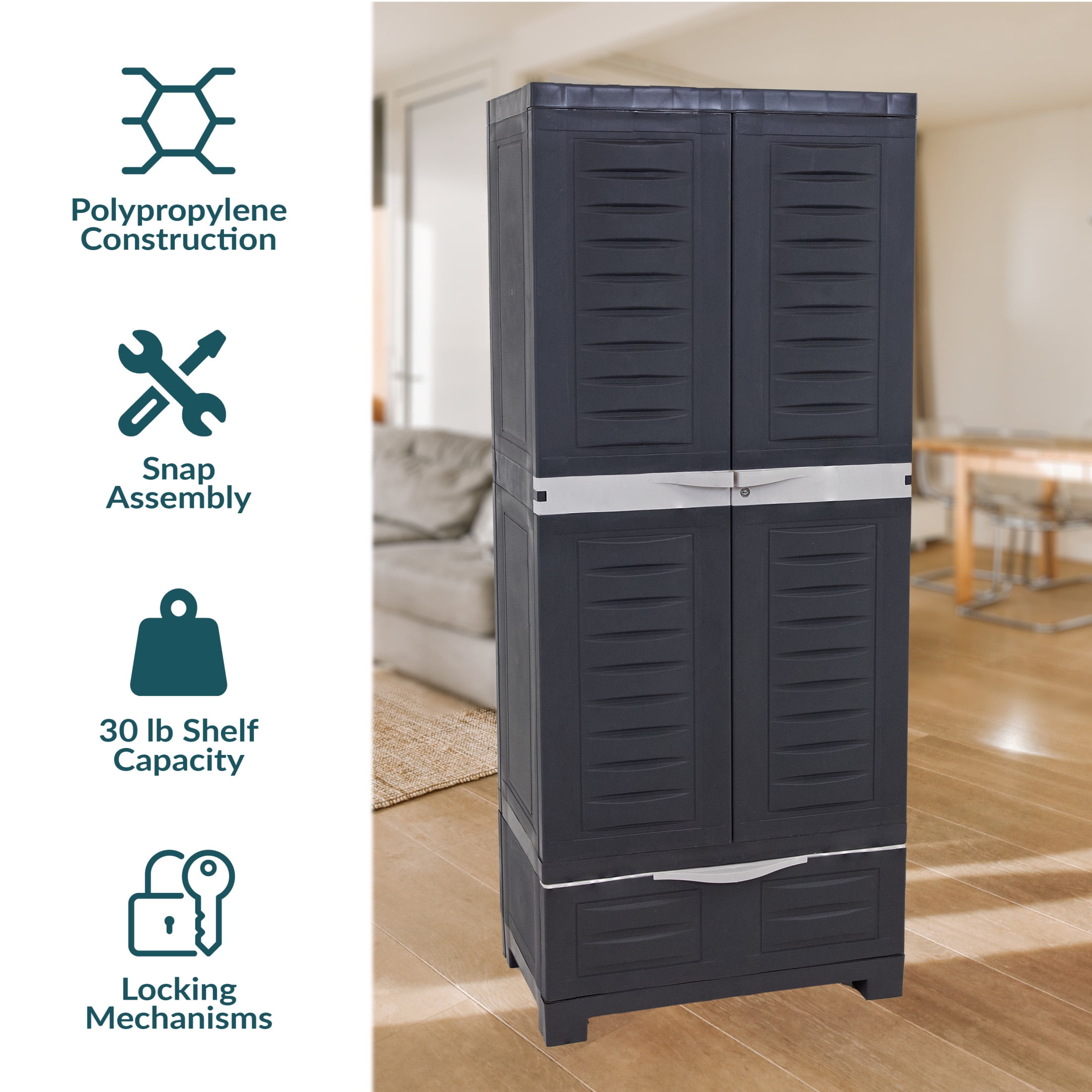 Sunnydaze Lockable Adjustable 57.5" Plastic 3-Shelf 1-Drawer Freestanding Storage Cabinet, Charcoal