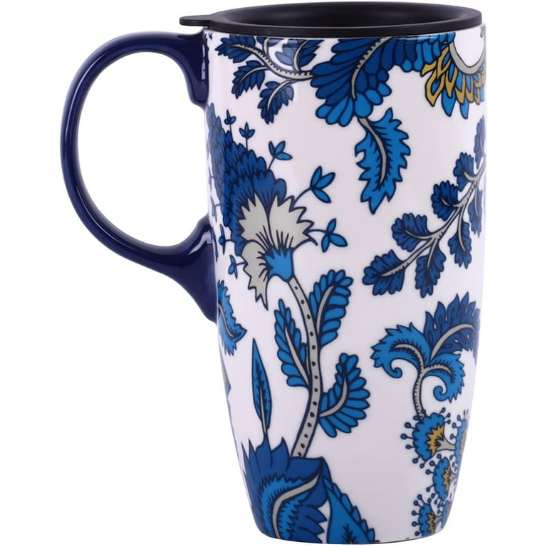 Ceramic Mug with Lid and Handle,17oz. Tall Coffee Cup for Home,Party and  Birthday,Blue Flower 