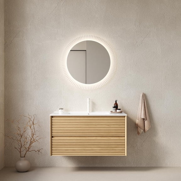 36 inch Wall-Mounted Floating bathroom vanity with top &sink，light oak