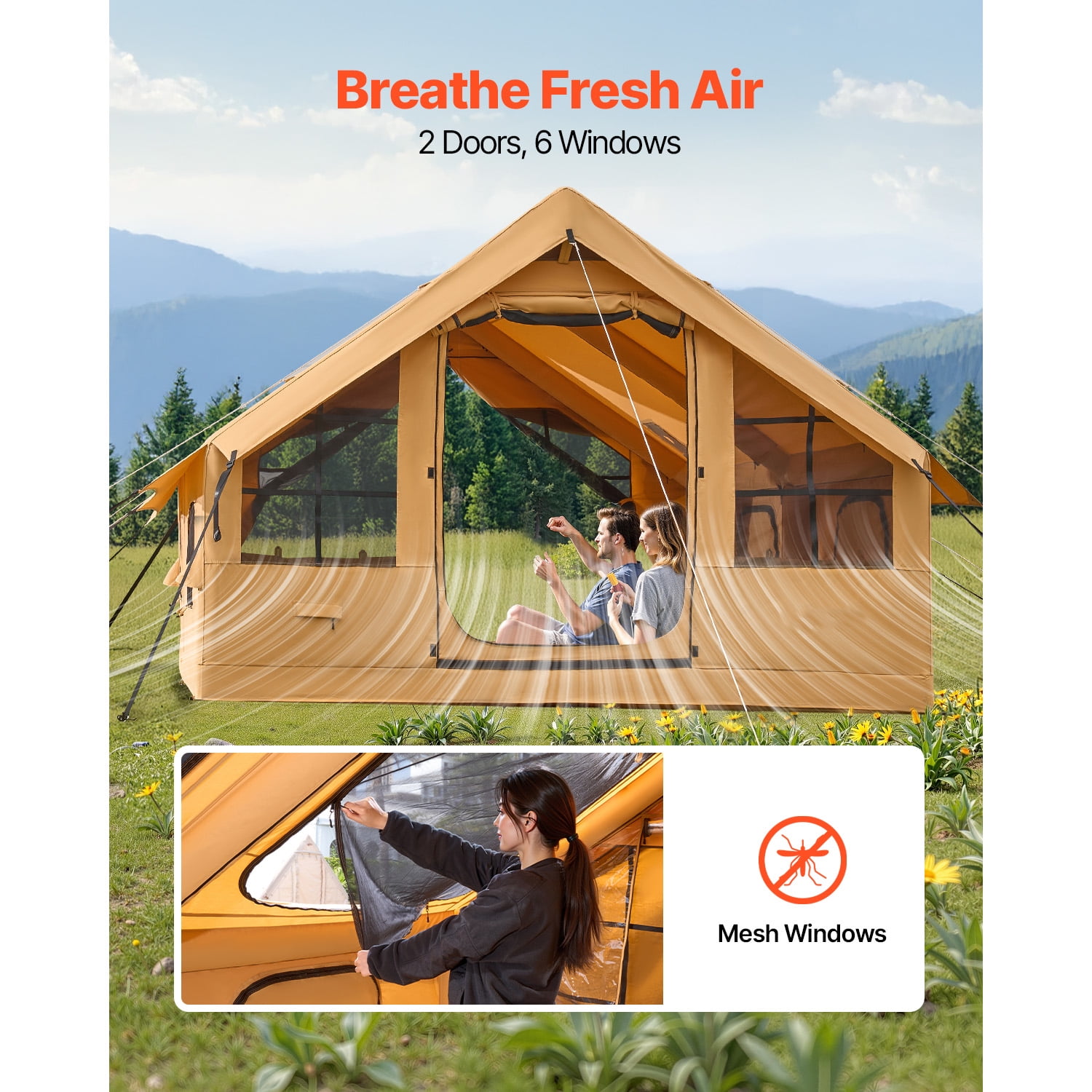 KFFKFF Inflatable Camping Tent for 5-8 Person, 13.12 x 9.84 x 7.22 Ft Oxford Fabric Glamping Blow up Tent with Hand Pump, Waterproof Air Tent with Dual Sunroofs, Stove Jack