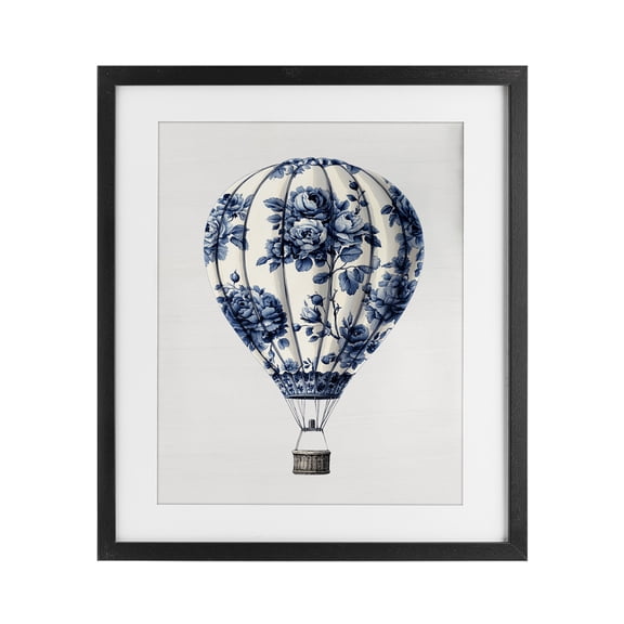Vintage Toile Hot Air Balloon Black Framed Print Under Glass, design by Lettered and Lined