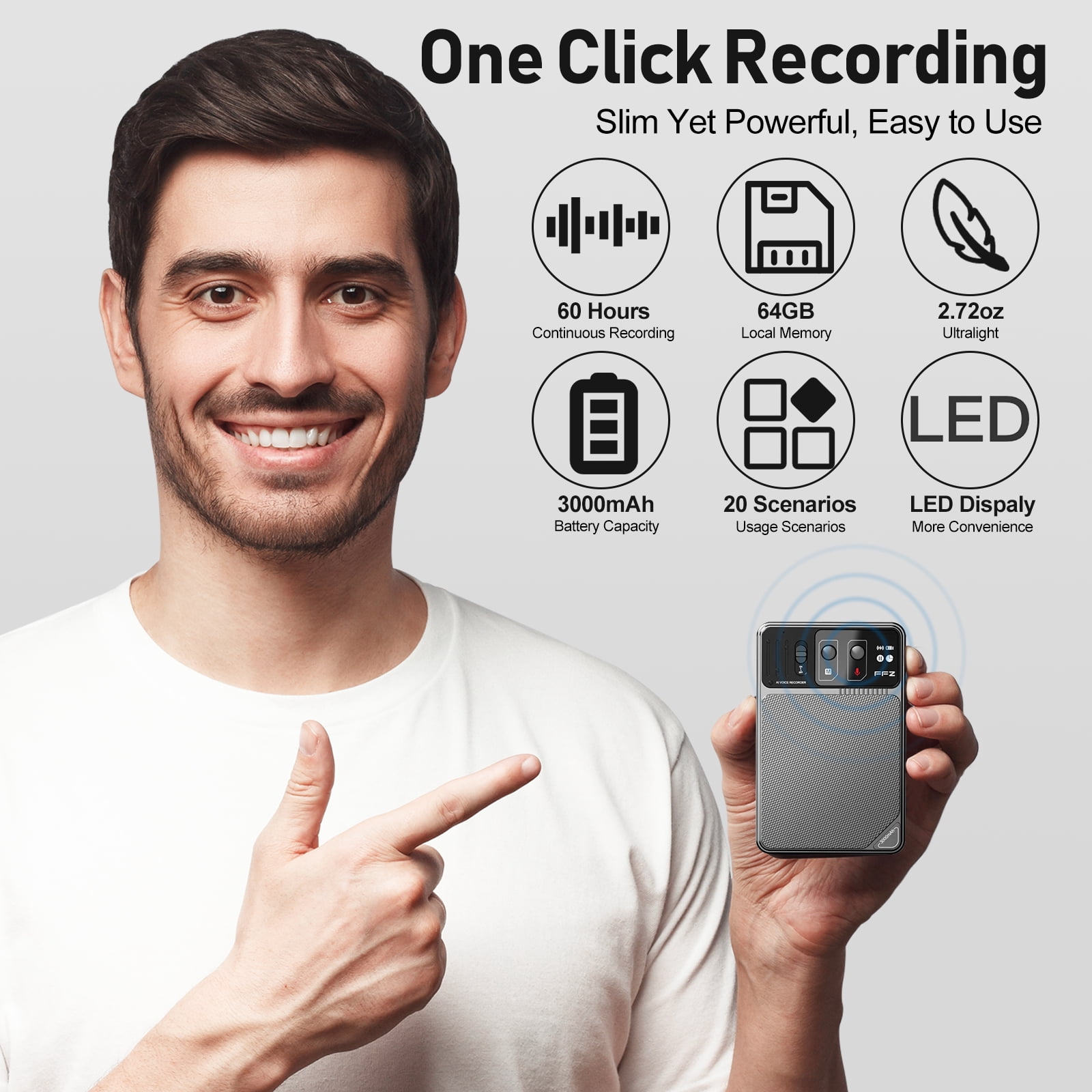 AI Voice Recorder, No Fee for Transcribe & Summarize Empowered by ChatGPT, Support 107 Languages Digital Voice Audio Recorder with App Control, 64GB Memory Recording Device for Lecture/Meeting, Grey