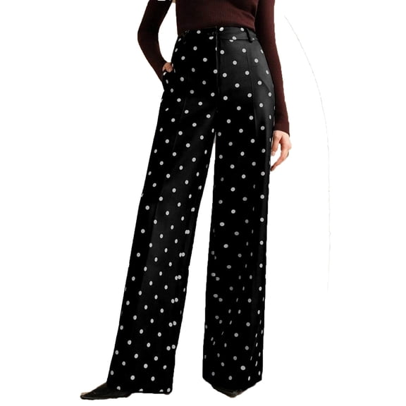 Women's Pants for Work,Women's Polka Dots Print Wide Leg Pants Patched Elastic Waist Casual Loose Trousers