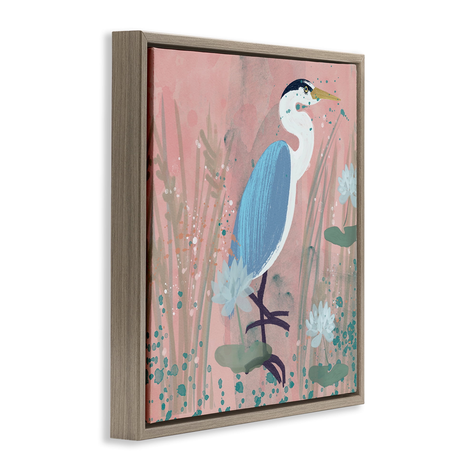Stupell Industries Coastal Bird with Lotus Flowers Animals & Insects Painting Brown Floater Framed Canvas Art Print Wall Art, 25 x 25