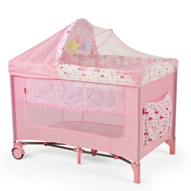 Cuna Corral para Bebé D'Bebé Rest con Toldo Mosquitero Rosa