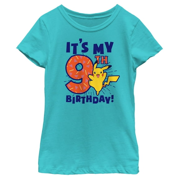 Girl's Pokemon It’s My 9th Birthday Pikachu Graphic Tee Tahiti Blue Small