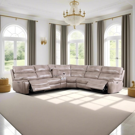 Power Reclining Sectional Sofa, Living Room Furniture Set with USB Chargers and Storage Console, Leather Recliner Sofa for Living Room/Apartment/Office/Home Theather