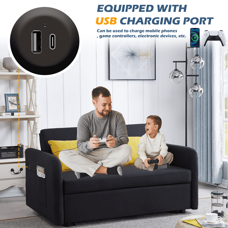 Dealtops Convertible Loveseat Sleeper Sofa Bed for Small Space Pull Out with USB Ports and Side Pockets Black
