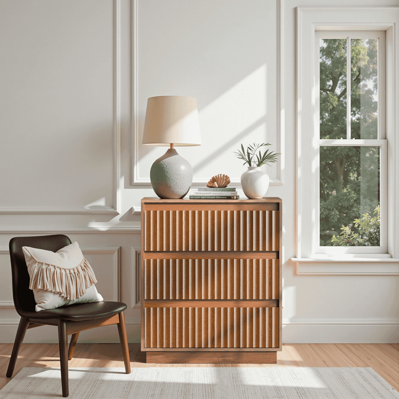 UPGO 27.5'' Fluted Dresser for Living Room, Bedroom, Hallway, Entryway with Deep 3 drawers, Wooden Dresser