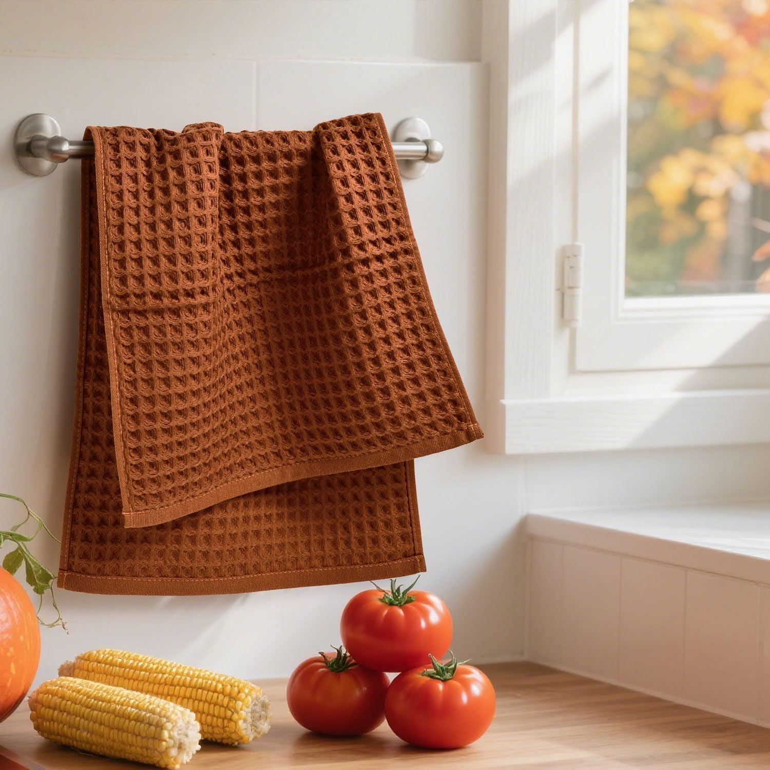 Waffle Hand Towels for Bathroom Kitchen 2-Piece (Rust) – Cotton Quick Dry, Super Soft, Absorbent Towels for Fall Decor, 13x29”