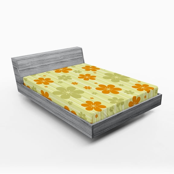 Ambesonne Floral Fitted Sheet, Retro Graphic Flowers, Queen Size, Pale Green Orange