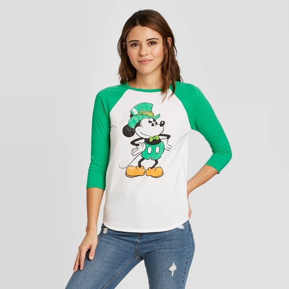 Women's Disney Mickey St. Patrick's Day Raglan 3/4 Sleeve Graphic T-Shirt (Juniors') - White