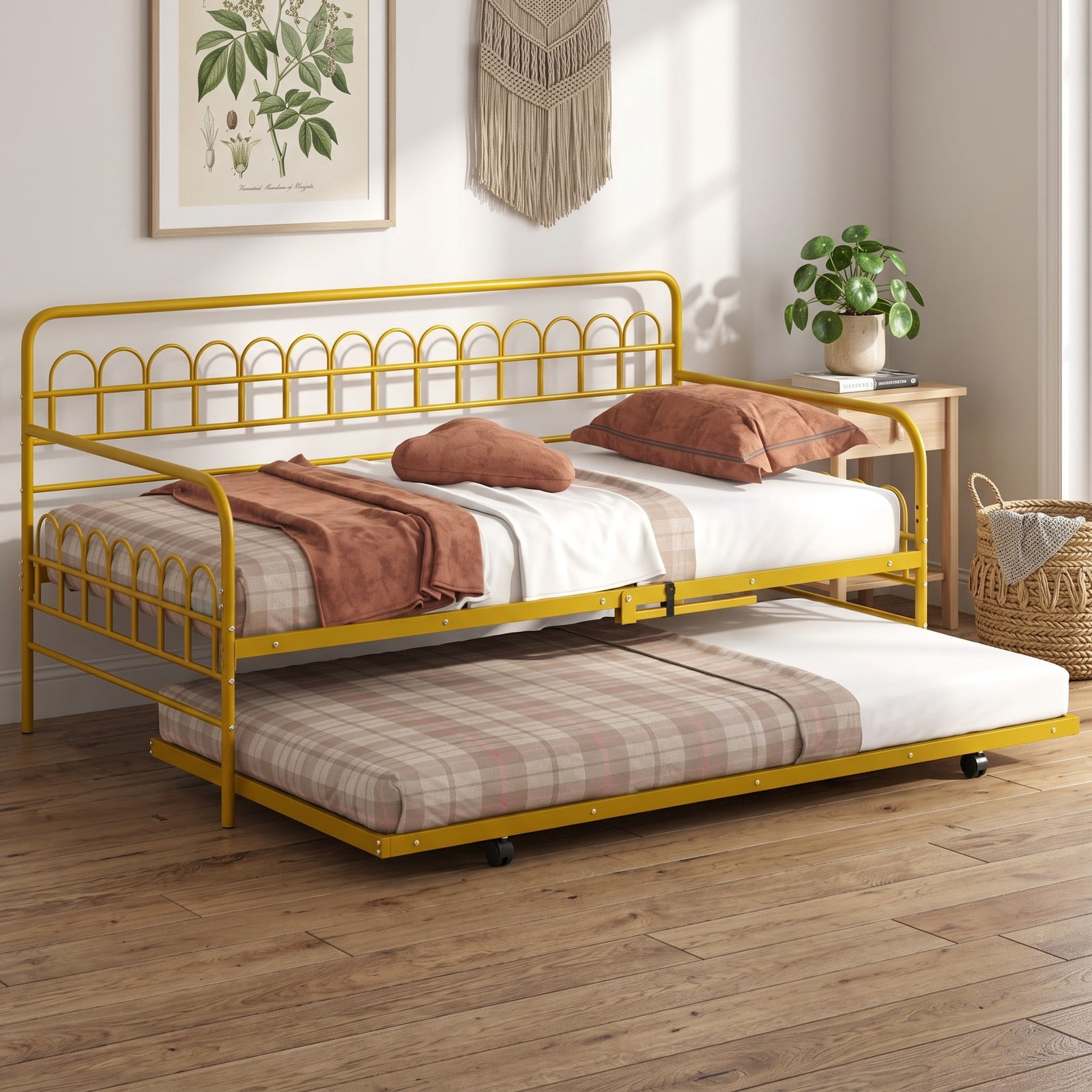 Furnibear Twin Metal Daybed with Pull-Out Trundle and Arched Rail Detailing on Lockable Casters for Bedroom and Guest Room, Gold