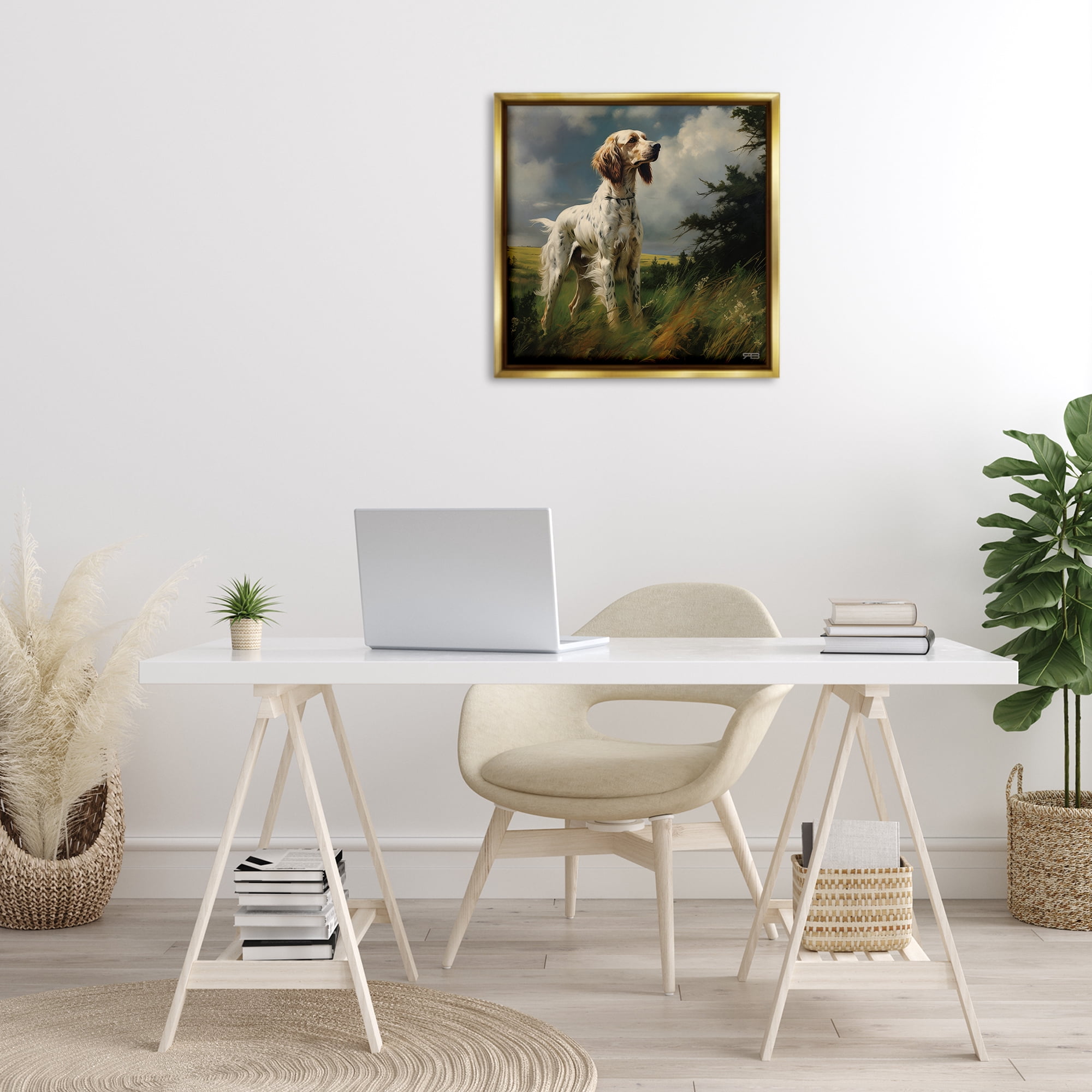 Stupell Industries Windswept Country Dog Landscape Painting Gold Floater Framed Canvas Art Print Wall Art, 25 x 25