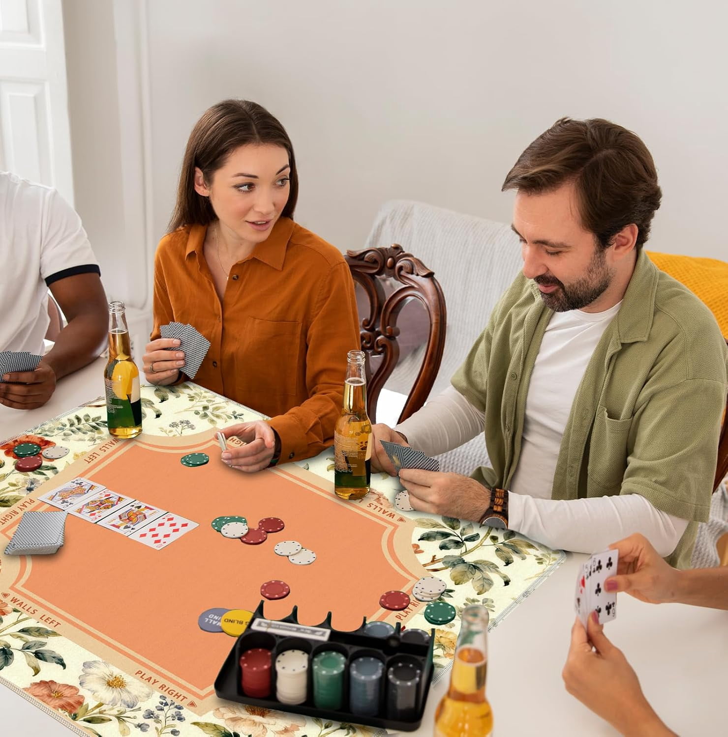 Beige and Orange Vintage Floral Botanical Mahjong Mat 31.5x31.5 Inch, Non-Slip and Noise Reduction Mah Jong Table Mat Cover Gifts for Mahjong Lovers Poker Board Games Dominoes