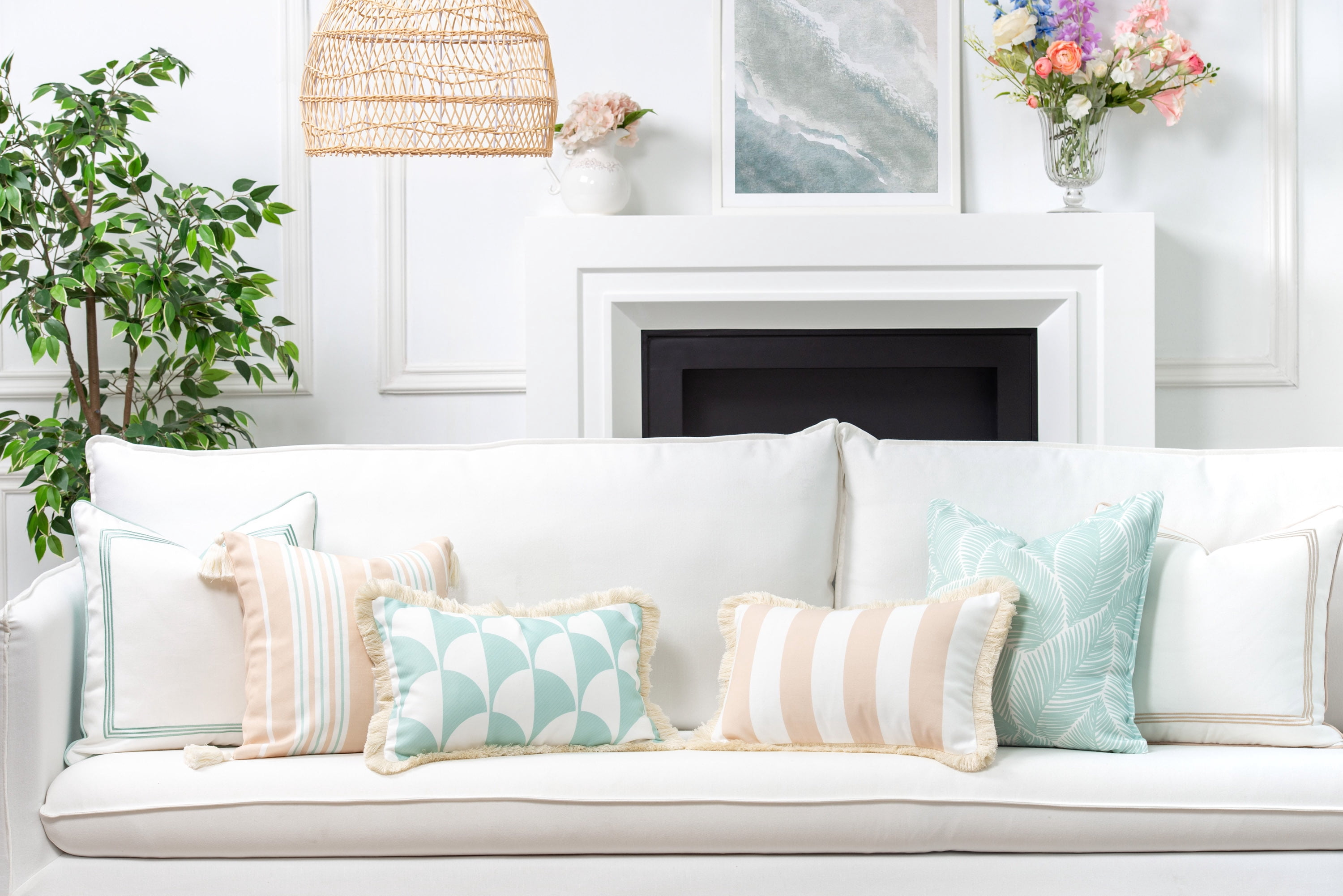 Hofdeco Premium Fall Coastal Patio Indoor Outdoor Lumbar Pillow Cover Only, 12"x20" Water Repellent for Backyard, Couch, Neutral Tan Stripe Fringe