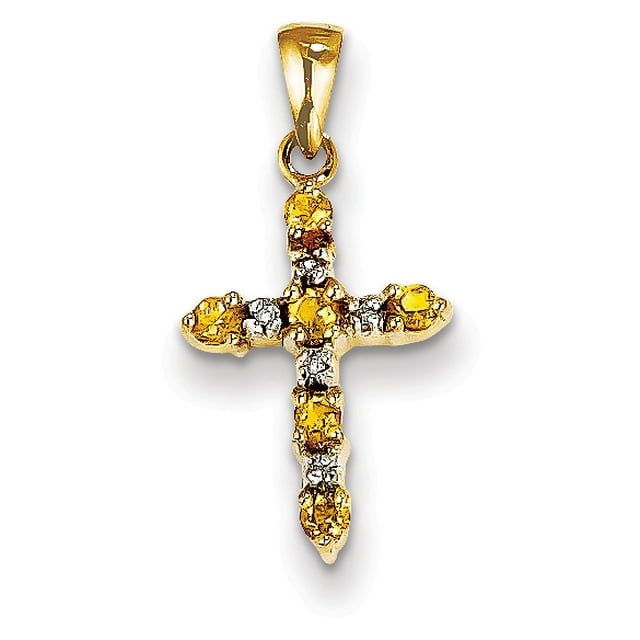 Pendentif Croix Citrine & Diamant en Or Jaune 14K