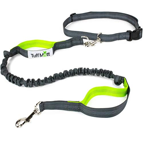 Tuff Mutt Hands Free Dog Leash for Running, Walking, Hiking, Durable Dual-Handle Bungee Leash is 4 Feet Long with Reflective Stitching, and an Adjustable Waist Belt That Fits up to 42 Inch W