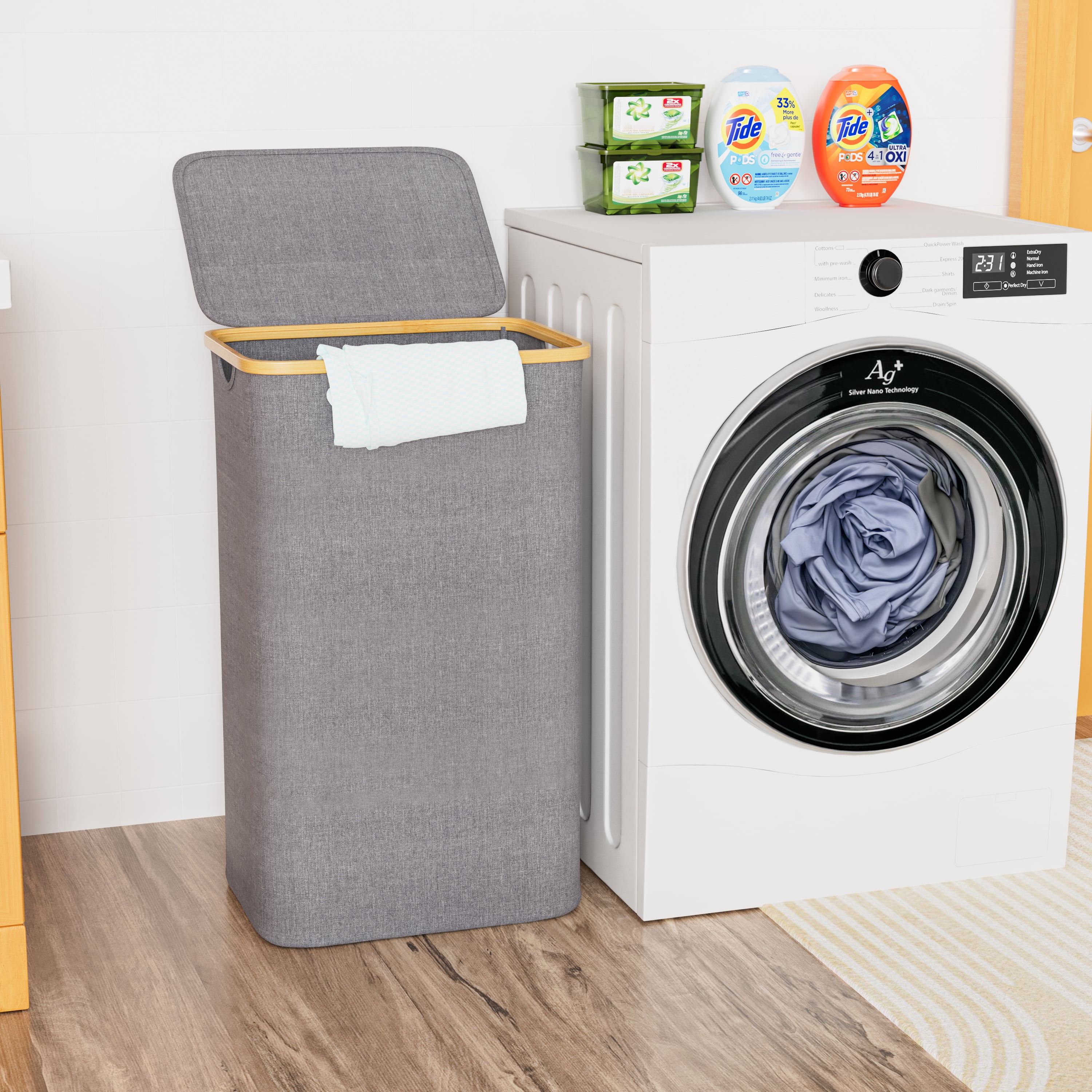 Tooloton 110L Large Laundry Hamper with Lid, Foldable Fabric Storage for Clothes, Blankets, Toys, Grey