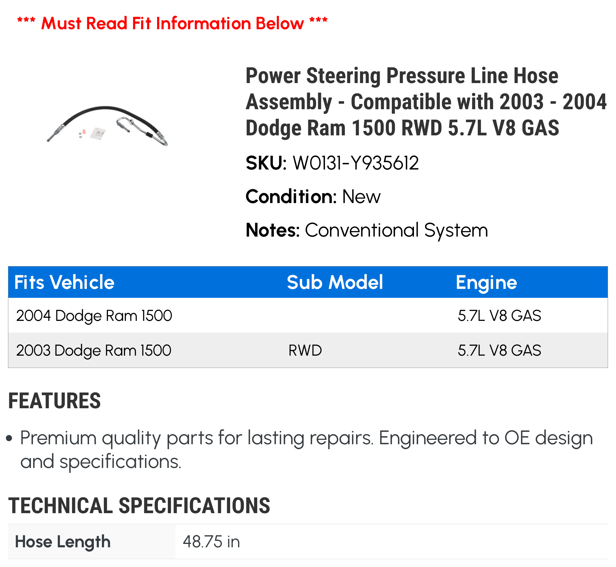 Power Steering Pressure Line Hose Assembly - Compatible with 2003 - 2004 Dodge Ram 1500 RWD 5.7L V8 GAS