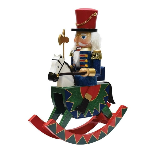 12" Decorative Wooden Green Red and Blue Christmas Nutcracker Soldier on Rocking Horse Walmart