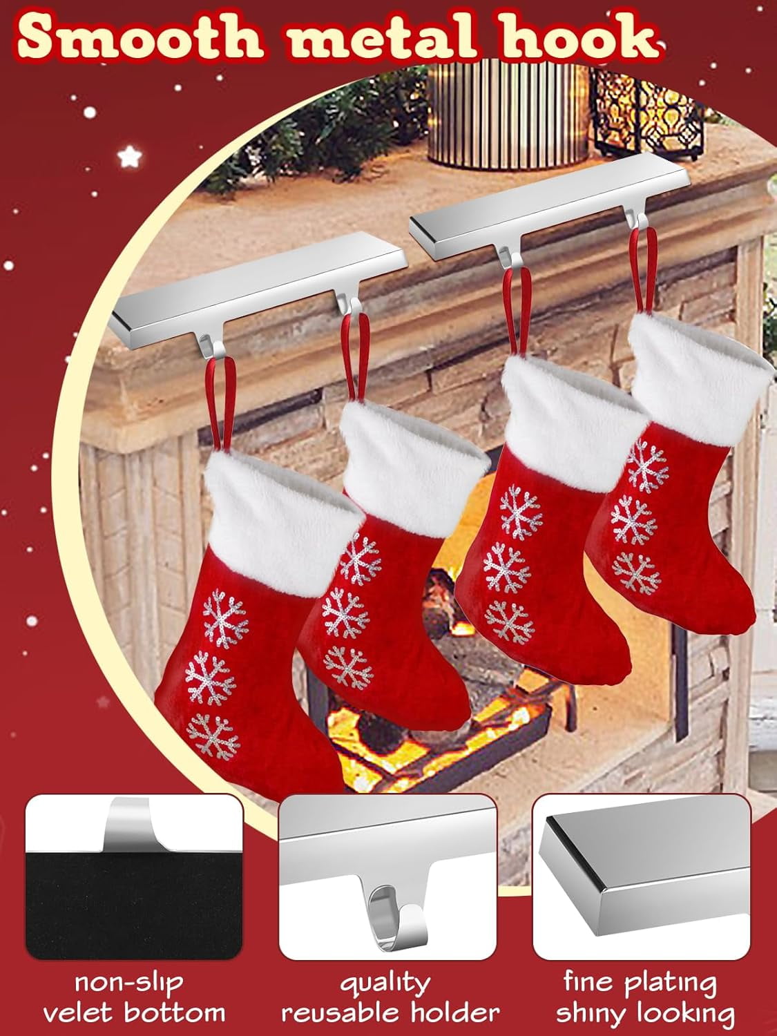 Kalolary Set of 4 Christmas Stocking Holders, Free-Standing Mantel Hangers for Fireplace Decoration, Silver Christmas Party Decor