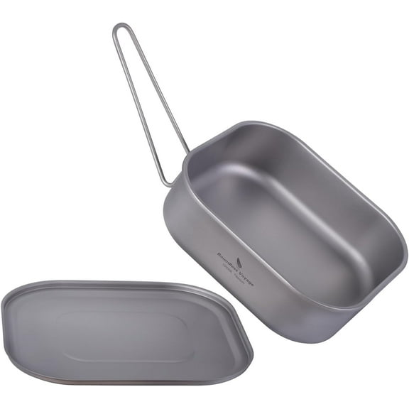 iBasingo 1000ml Titanium Military Mess Tin Outdoor Camping Cookware with Lid & Folding Handle Lightweight Frying Pan Single Layer Square Lunch Box Portable Hiking Backpacking Cooking Kit Ti2084C