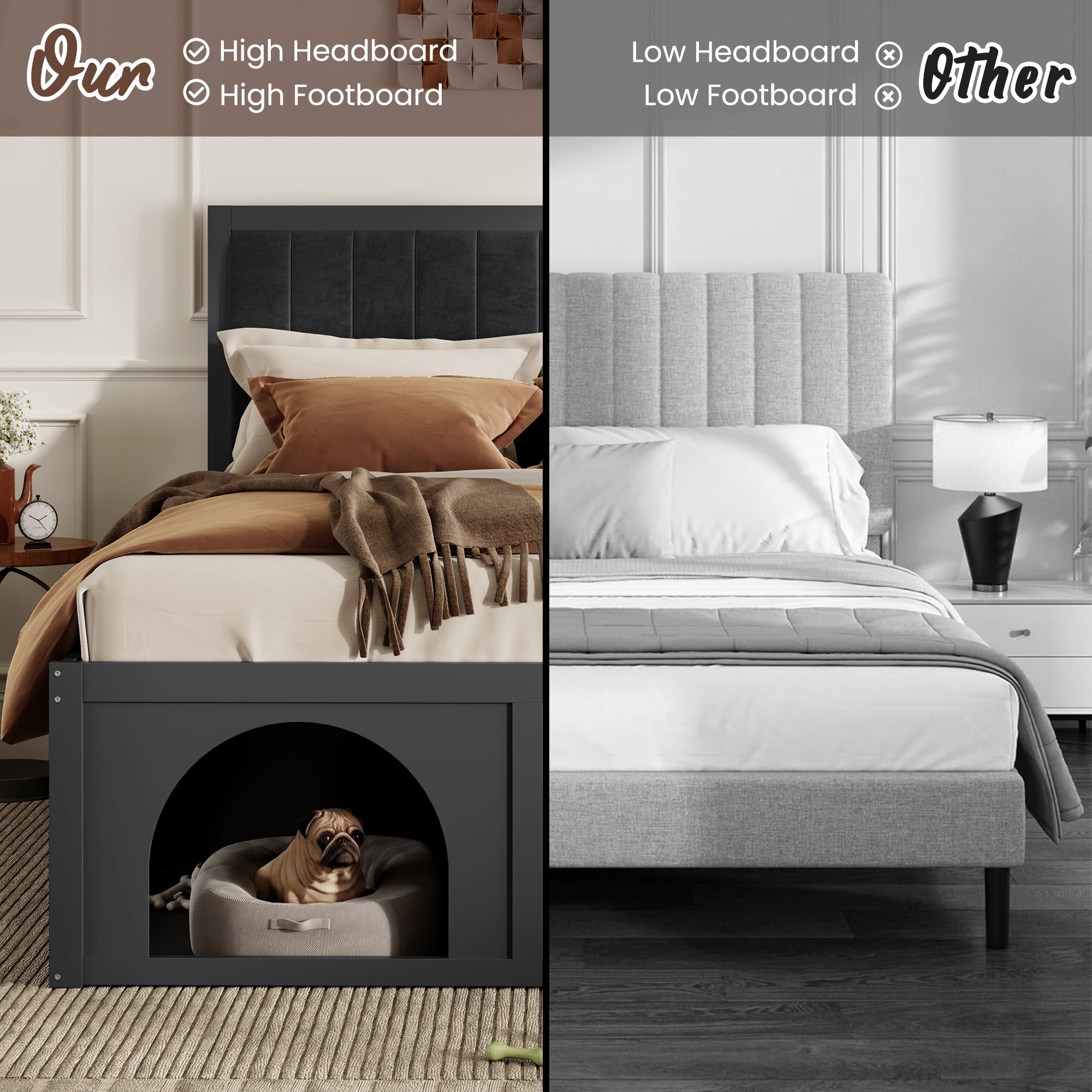 Mintazer Queen Size Upholstered Platform Bed Frame with Under‑Bed Pet Nook, Channel Tufted Headboard Bed for Bedroom, Light Grey