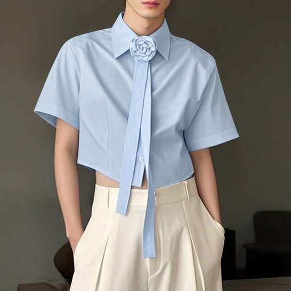 DAFPZW Men's Summer Short Sleeve Button Down Crop Shirt Loose Fit Casual Shirt Solid Color Collar Neck Clubwear Cropped Tops