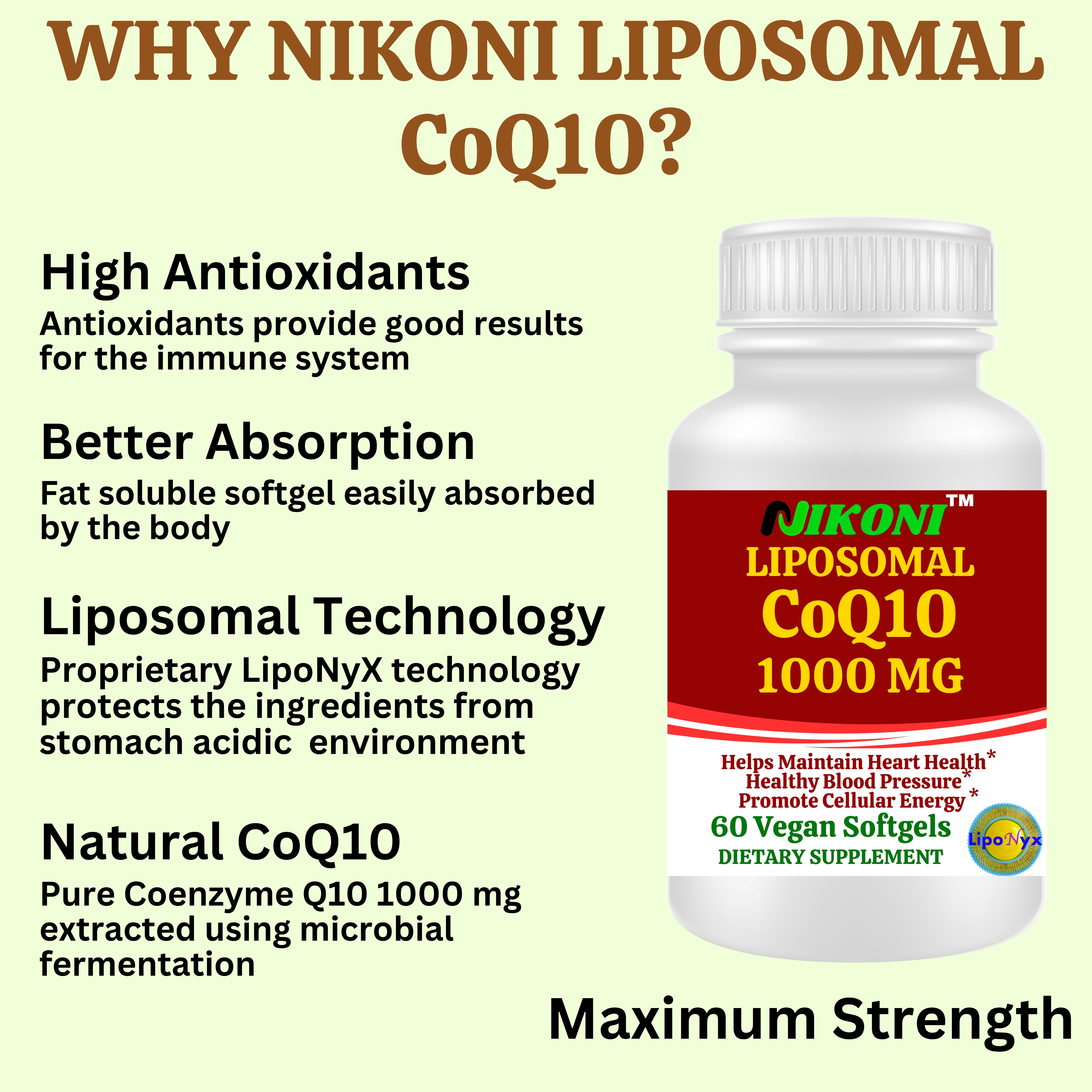 Nikoni Liposomal CoQ10 1000 mg Maximum Strength Supports Heart and Brain Antioxidant Support 60 Count Vegan Softgels