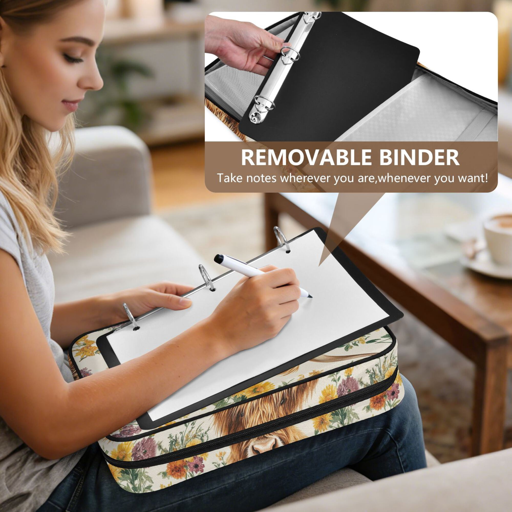 FORMRS Accordion File Folder A4 Size 7-Pocket Expanding Document Organizer Bag with 3 Ring Binder, Floral Cow