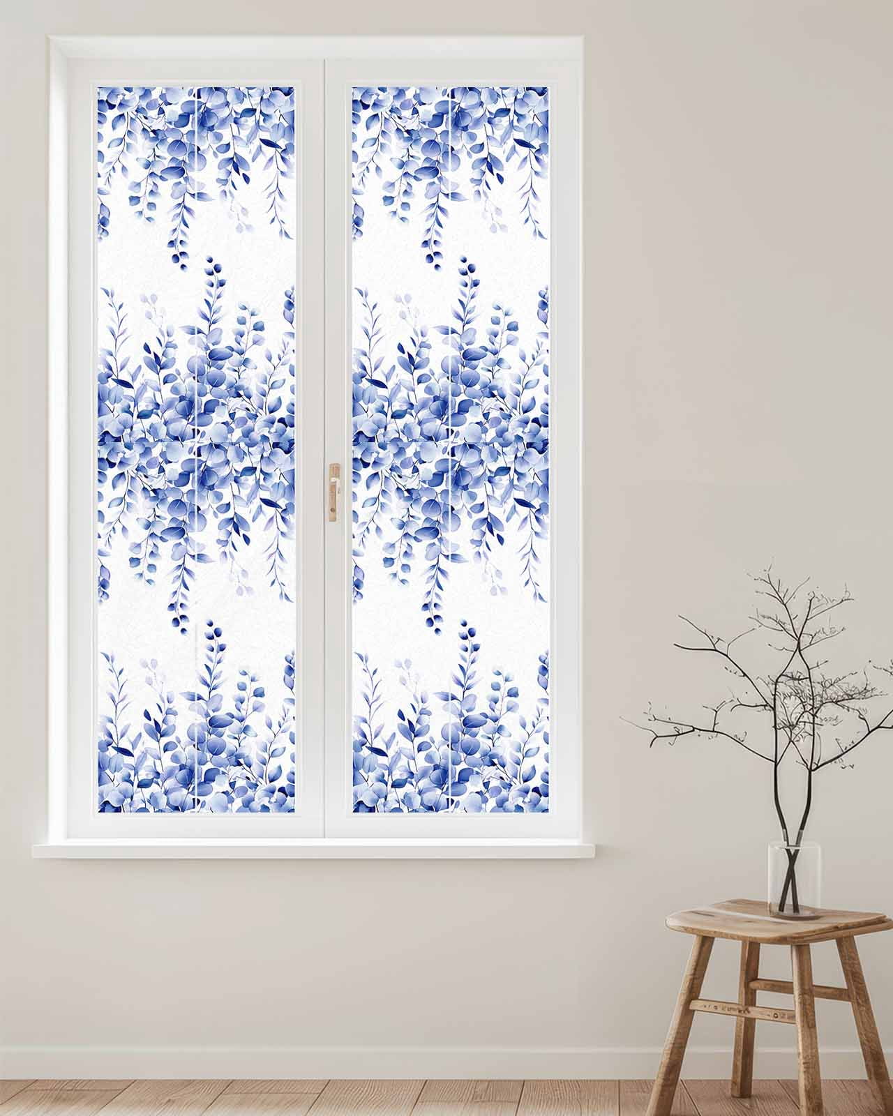 Window Privacy Film Eucalyptus Leaves Blue Stained Glass Window Film Decorative Sun Block Window Cover Watercolor Spring Botanical Window Clings Static Adhesive Sticker for Bathroom 17.7"x78.7"